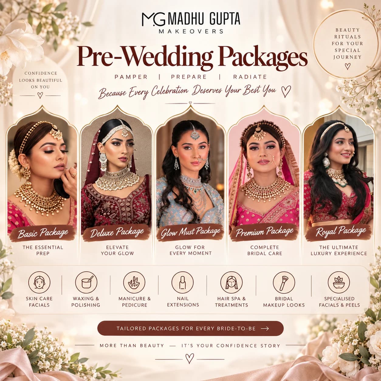 MG Makeovers pre-wedding packages — Basic, Deluxe, Glow Must, Premium and Royal — covering skin care facials, waxing, manicure and pedicure, nail extensions, hair spa, bridal makeup and specialised peels