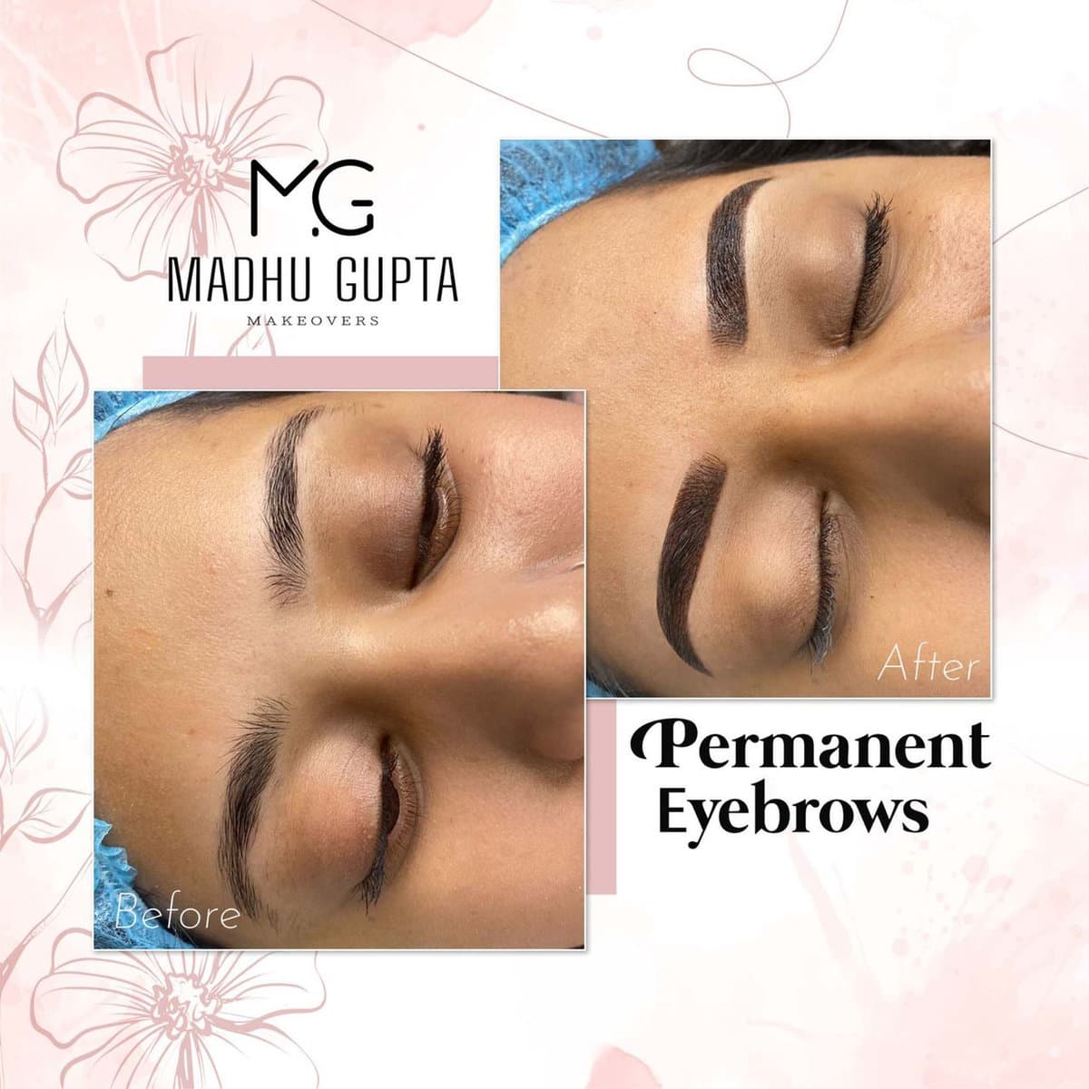 MG Makeovers permanent eyebrows before and after, eyes closed