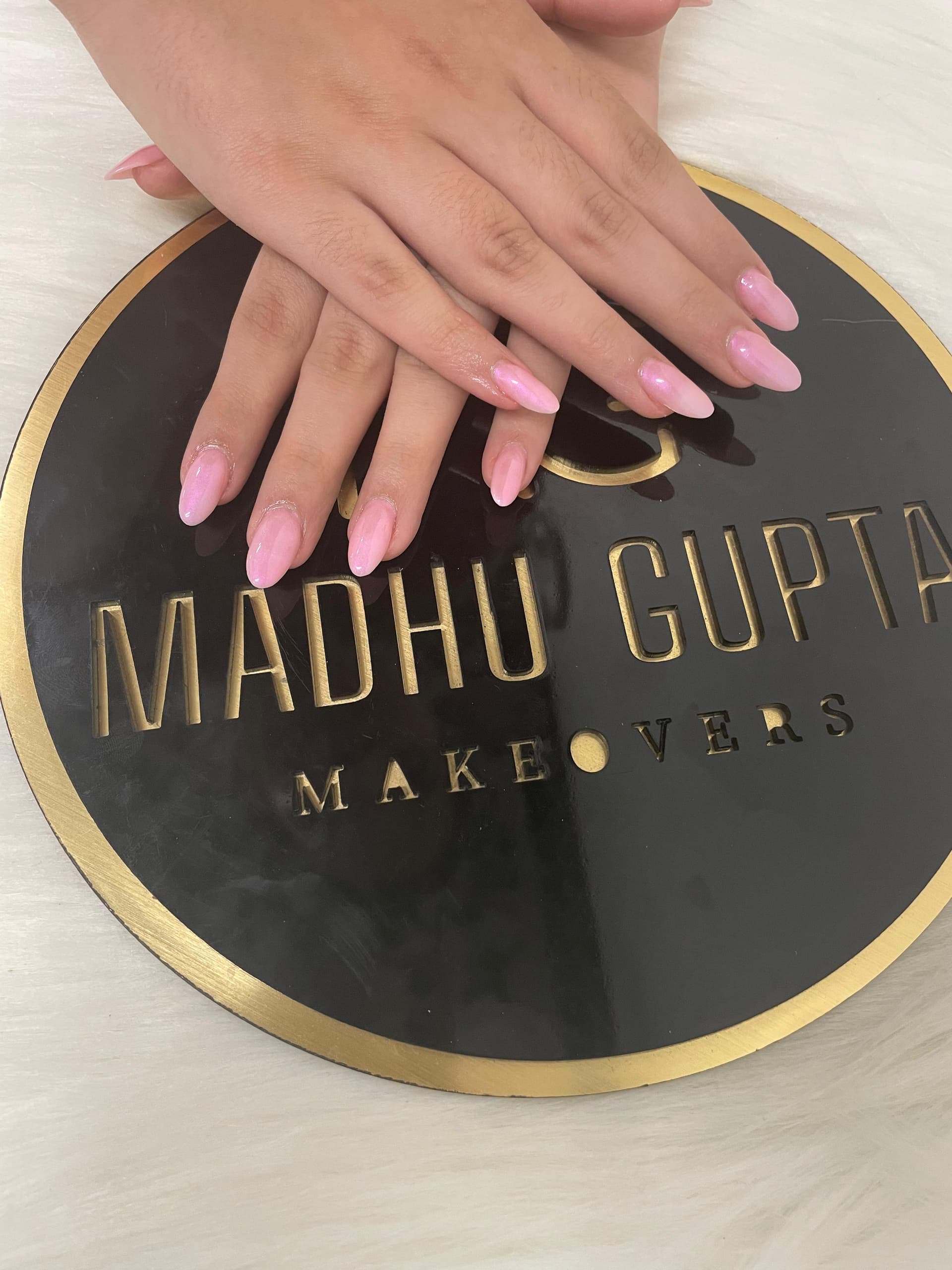 Pink chrome nail extensions at MG Makeovers