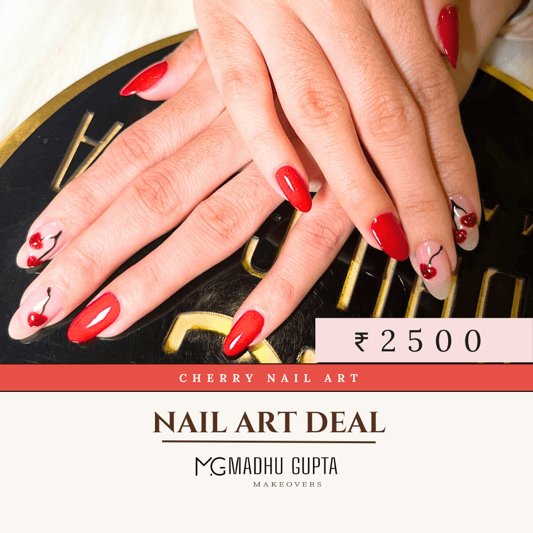 Red cherry hand-painted nail art at MG Makeovers, Gurgaon