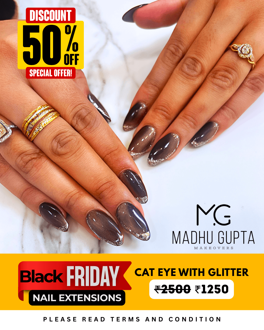 Black Friday offer at MG Makeovers Gurgaon showing Black Cat Eye acrylic nail extensions with glitter French tips, discounted from ₹3000 to ₹1500, with option to upgrade to gel extensions for ₹300 extra