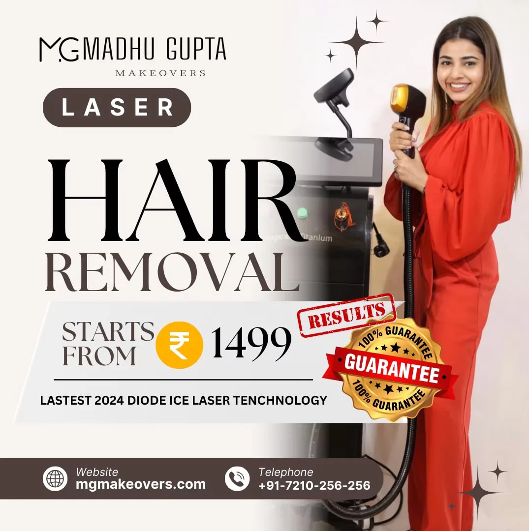 MG Makeovers laser hair removal: a woman holding the Soprano Titanium laser handpiece beside the machine, with sessions starting from ₹1,499