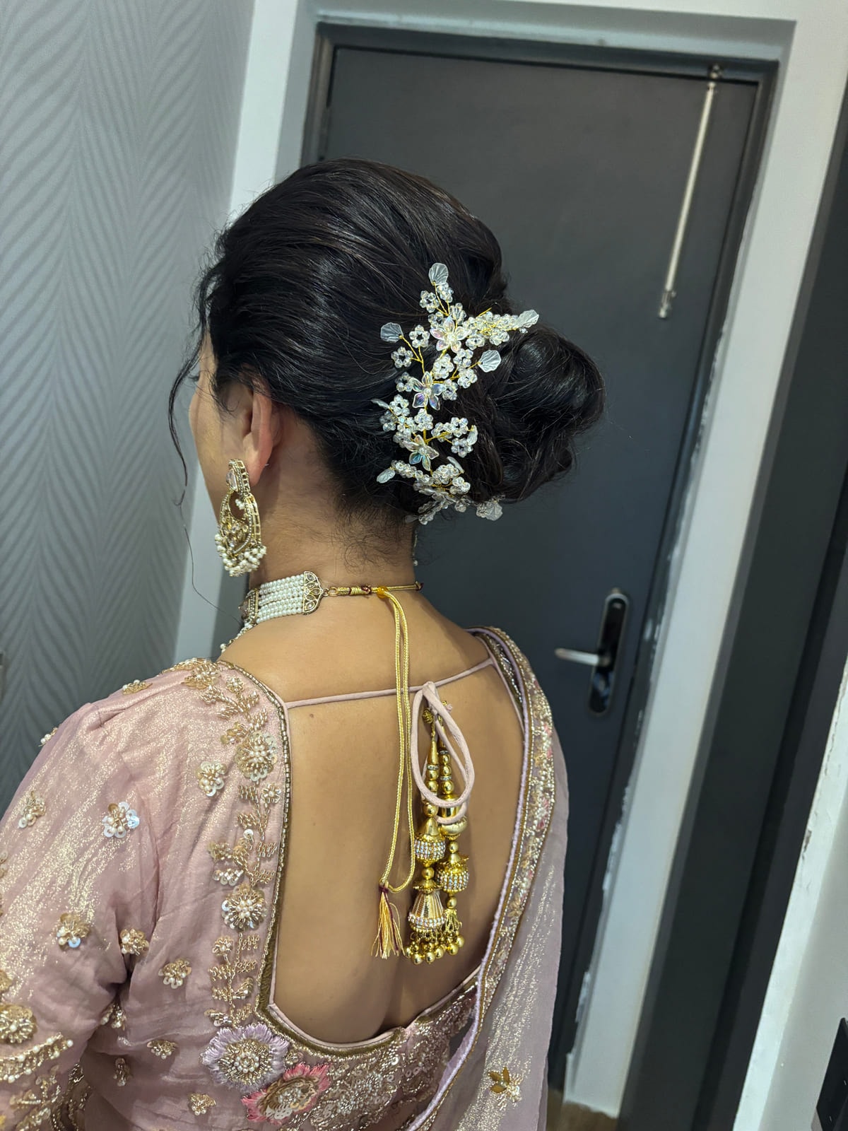 Messy Bun with Tiara Accessories. Bridal and party hairstyling by Madhu Gupta at MG Makeovers, Gurugram