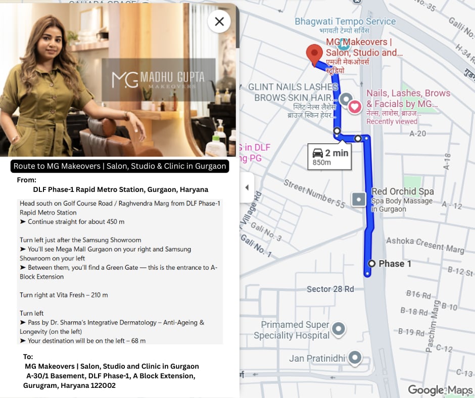Route card from DLF Phase 1 Rapid Metro Station to MG Makeovers, A-30/1 Basement, DLF Phase 1, A Block Extension