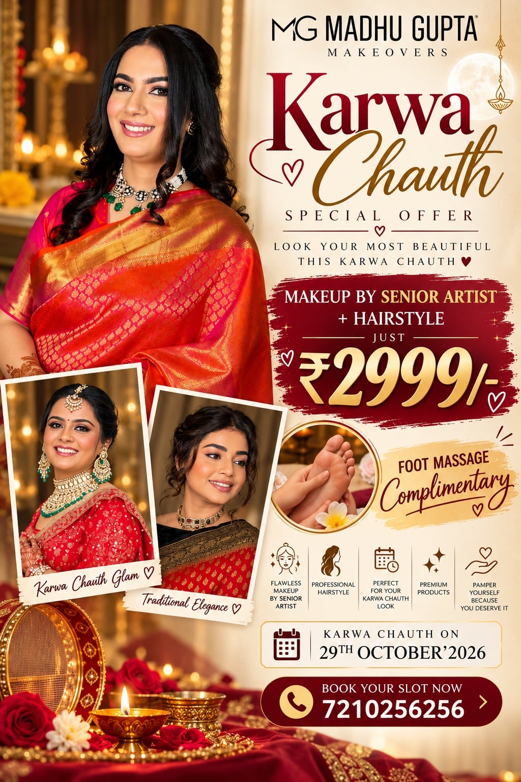 MG Makeovers Karwa Chauth 2026 offer: makeup by a senior artist and hairstyle for ₹2,999 with a complimentary foot massage