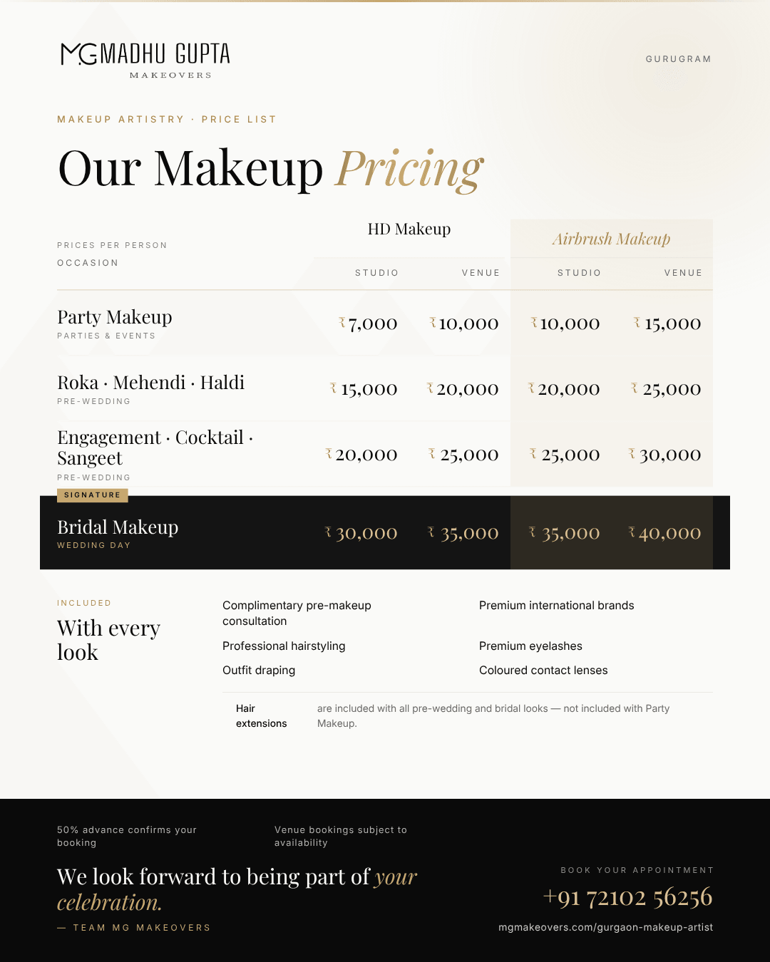 MG Makeovers makeup price list for HD and airbrush makeup in studio and at venue