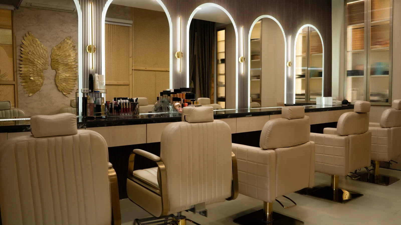 Bridal makeup room with illuminated mirrors at MG Makeovers