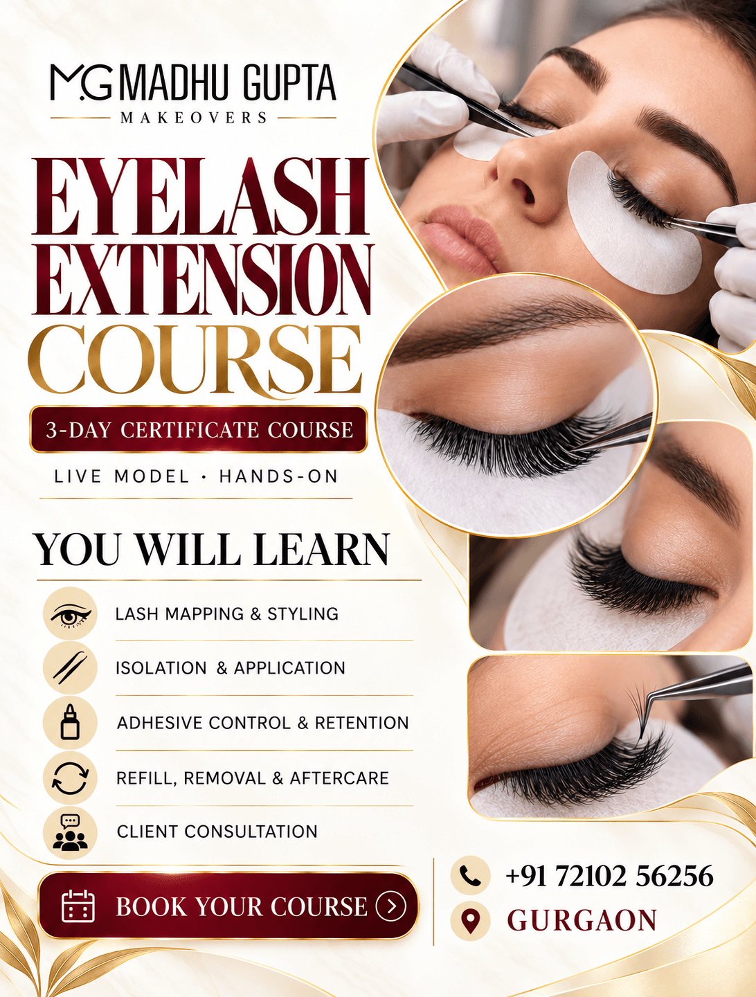 Eyelash extension course poster showing hands-on lash training, live model practice and certification