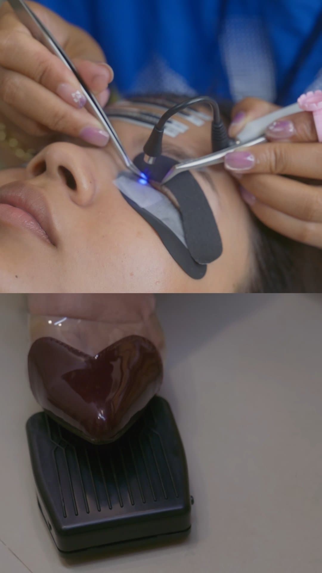 UV LED lash wand curing eyelash extensions, with the hands-free foot pedal, at MG Makeovers Gurugram