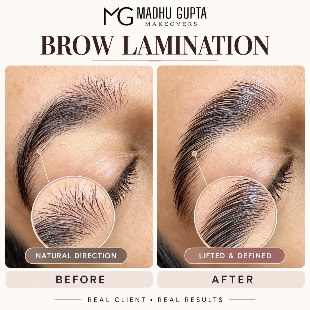 Brow lamination before and after at MG Makeovers, Gurgaon: natural-direction brow hairs become lifted, brushed up and more defined after styling