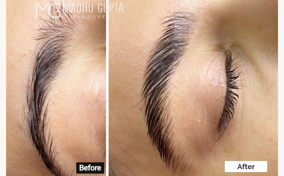 Brow lamination before and after at MG Makeovers: downward, uneven brow hairs before; lifted, uniform brow hairs after