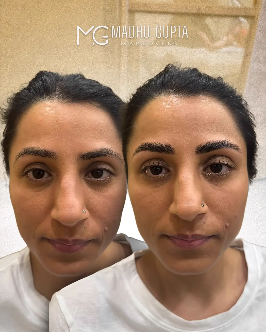 Brow lamination with tint — before and after Brow lamination and tint before and after: sparse, downward brows become fuller, brushed-up and darker on a woman in a white T-shirt