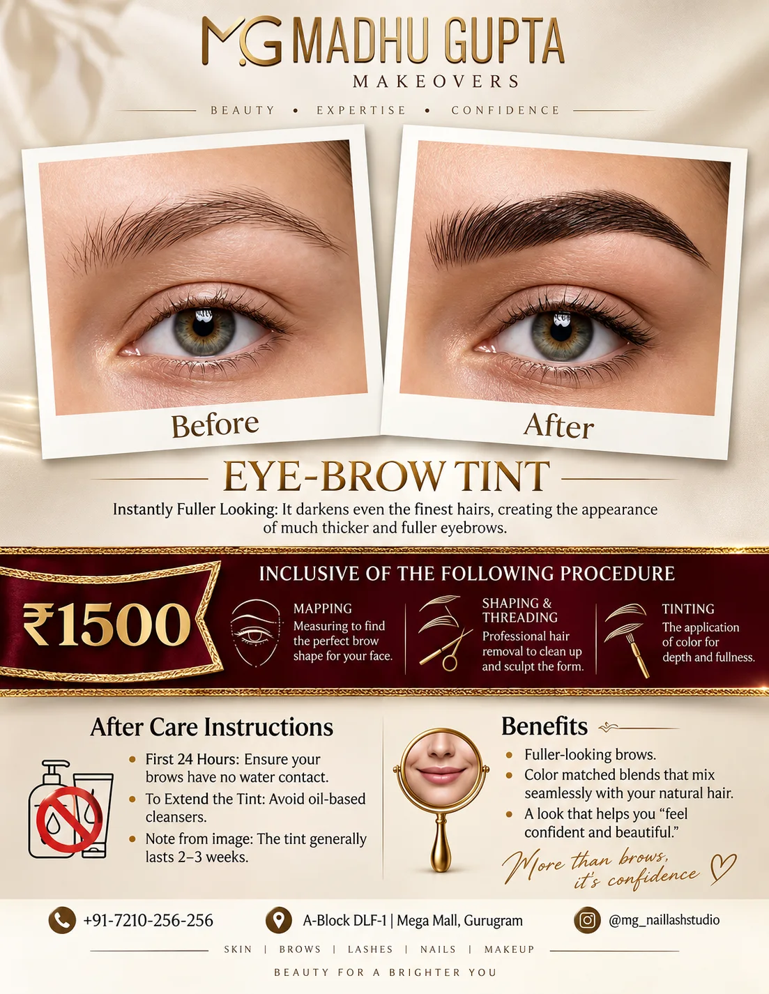 MG Makeovers eyebrow tint before and after: lighter, sparser brow before and a darker, shaped, fuller-looking brow after mapping, threading and tinting