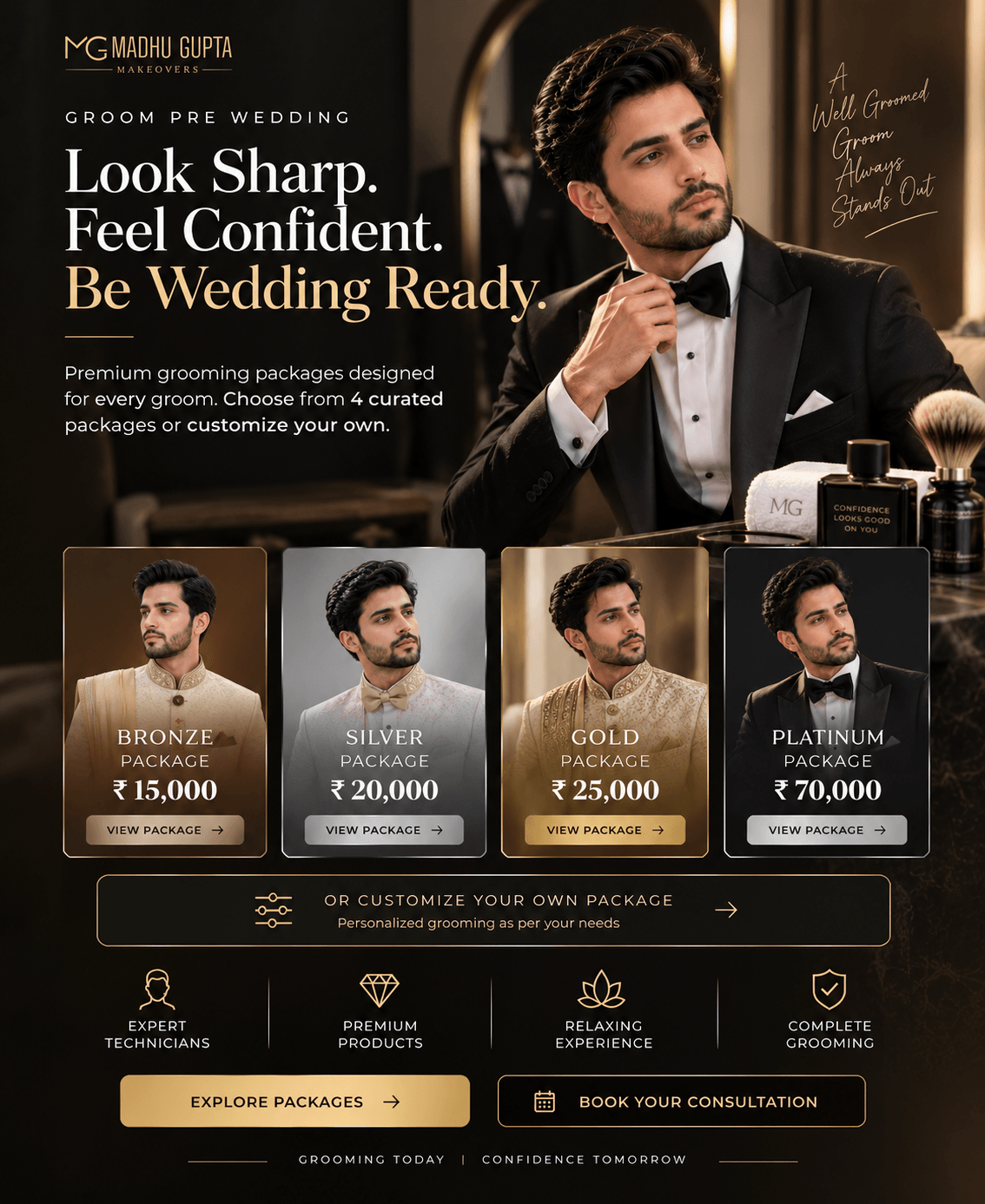 Pre-wedding groom packages with Bronze, Silver, Gold and Platinum grooming plans