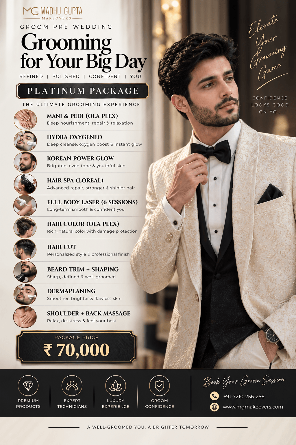 Platinum Groom Package, ₹70,000 with six full-body laser sessions and grooming services