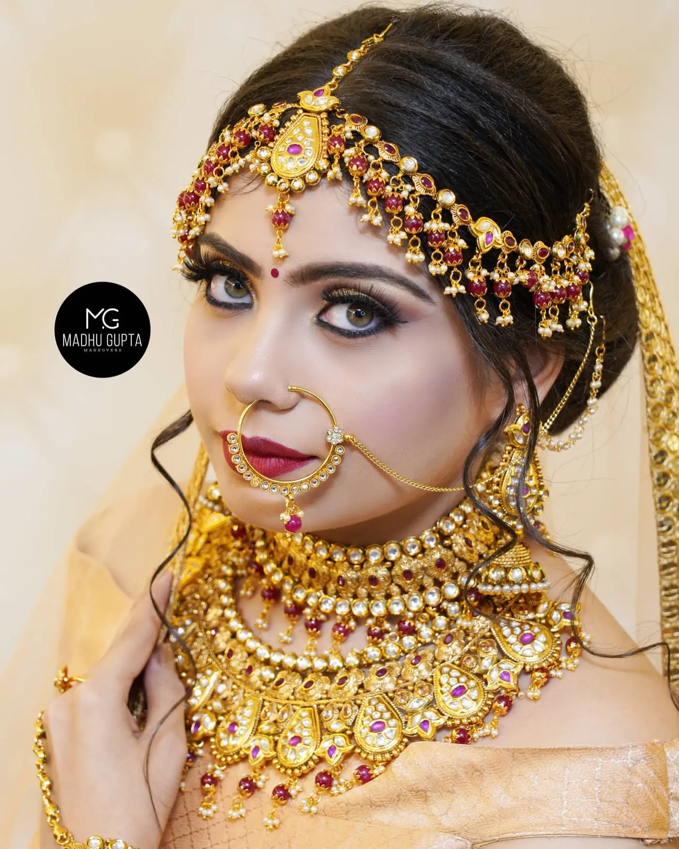 Bridal close-up with jhoomer and nath by MG Makeovers, Gurugram
