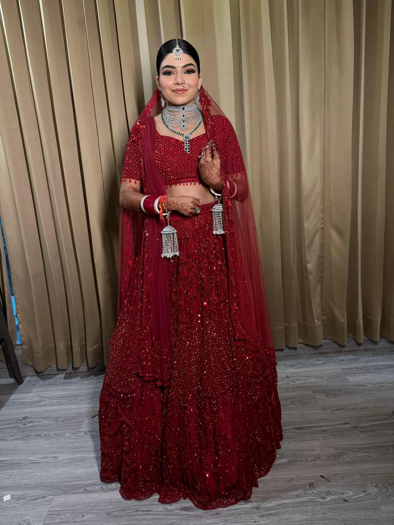 Maroon lehenga bridal look by MG Makeovers, Gurugram