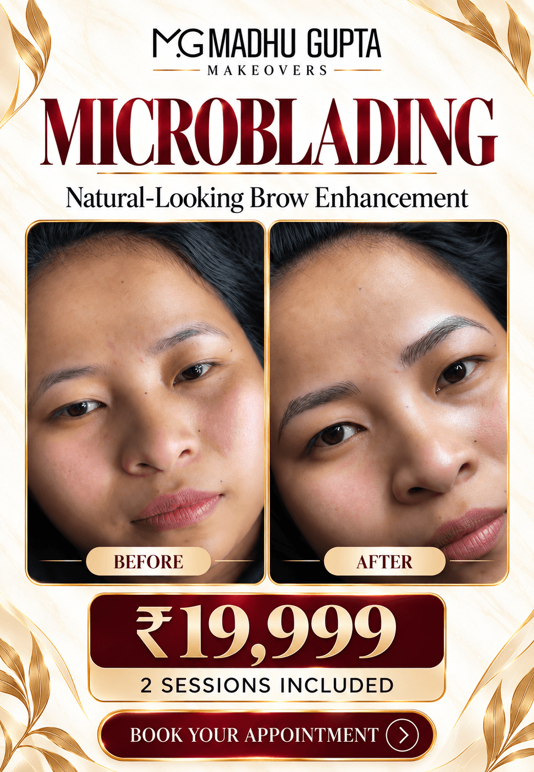 Microblading eyebrow treatment showing hair-like brow strokes and a natural-looking result