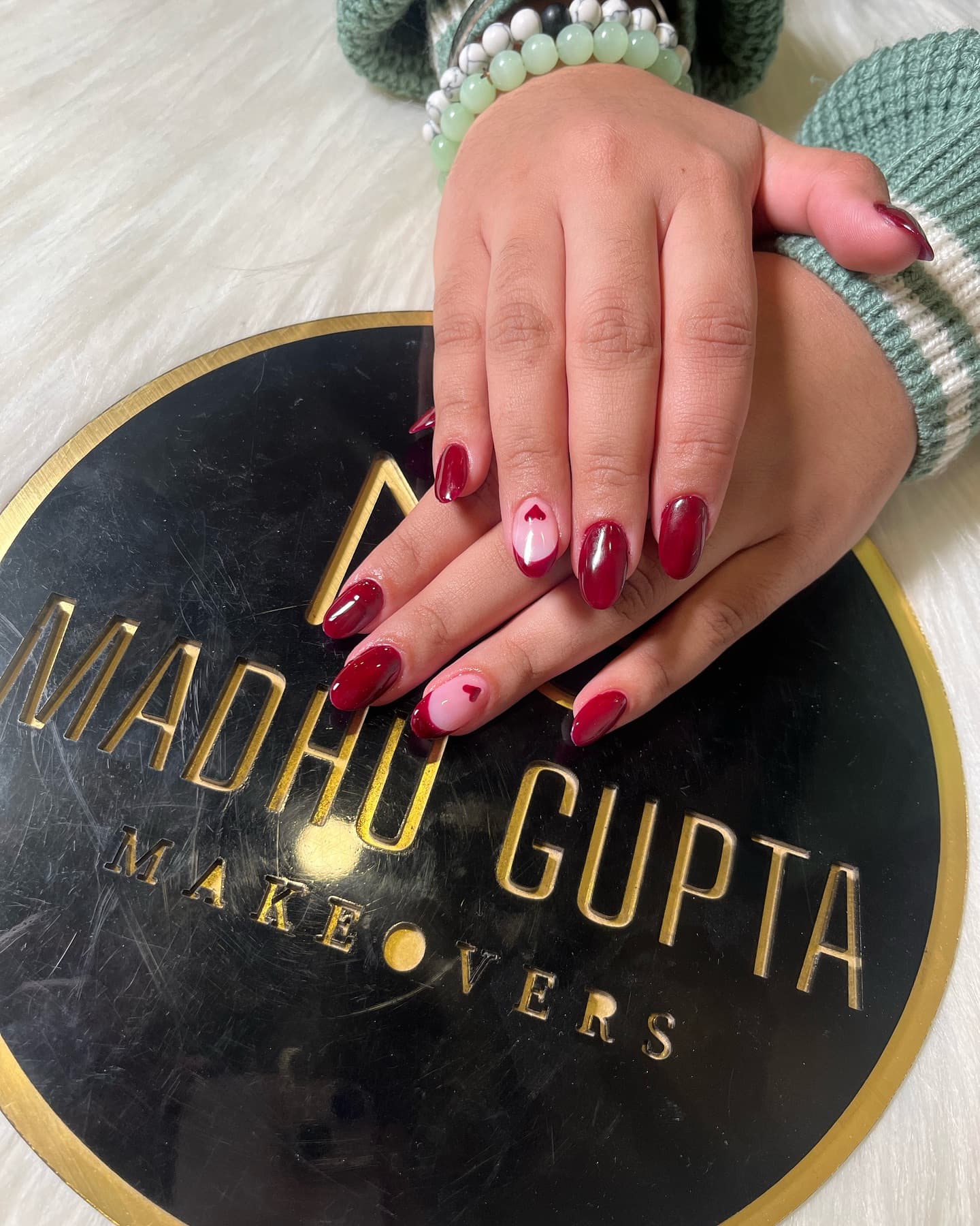 Burgundy Red Heart Accent Nails