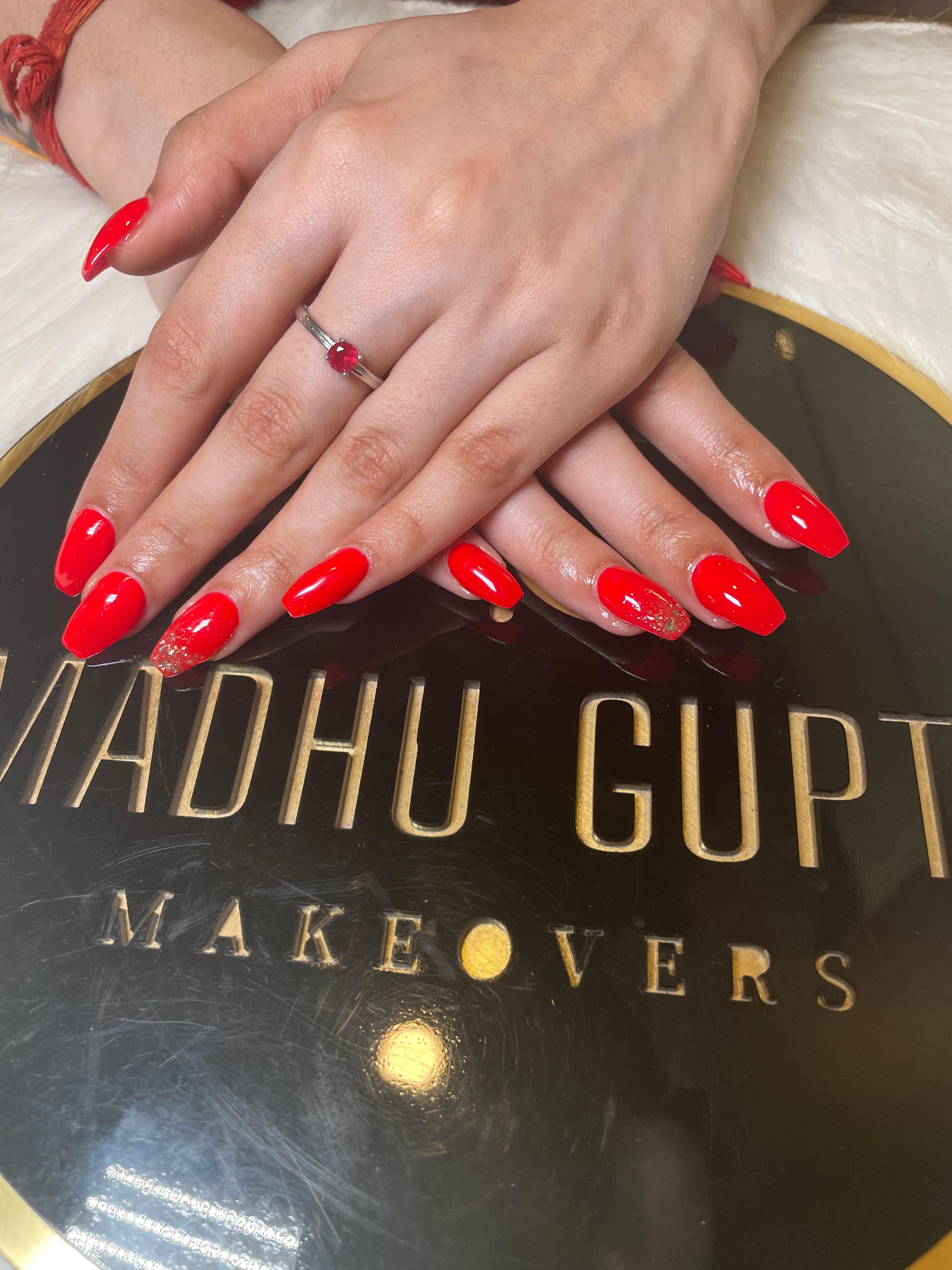 Cherry Red Glitter Accent Nails