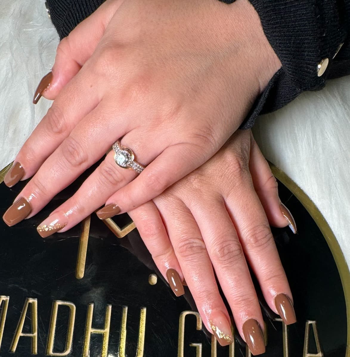 Chocolate Brown Gold Foil Accent Nails Edited