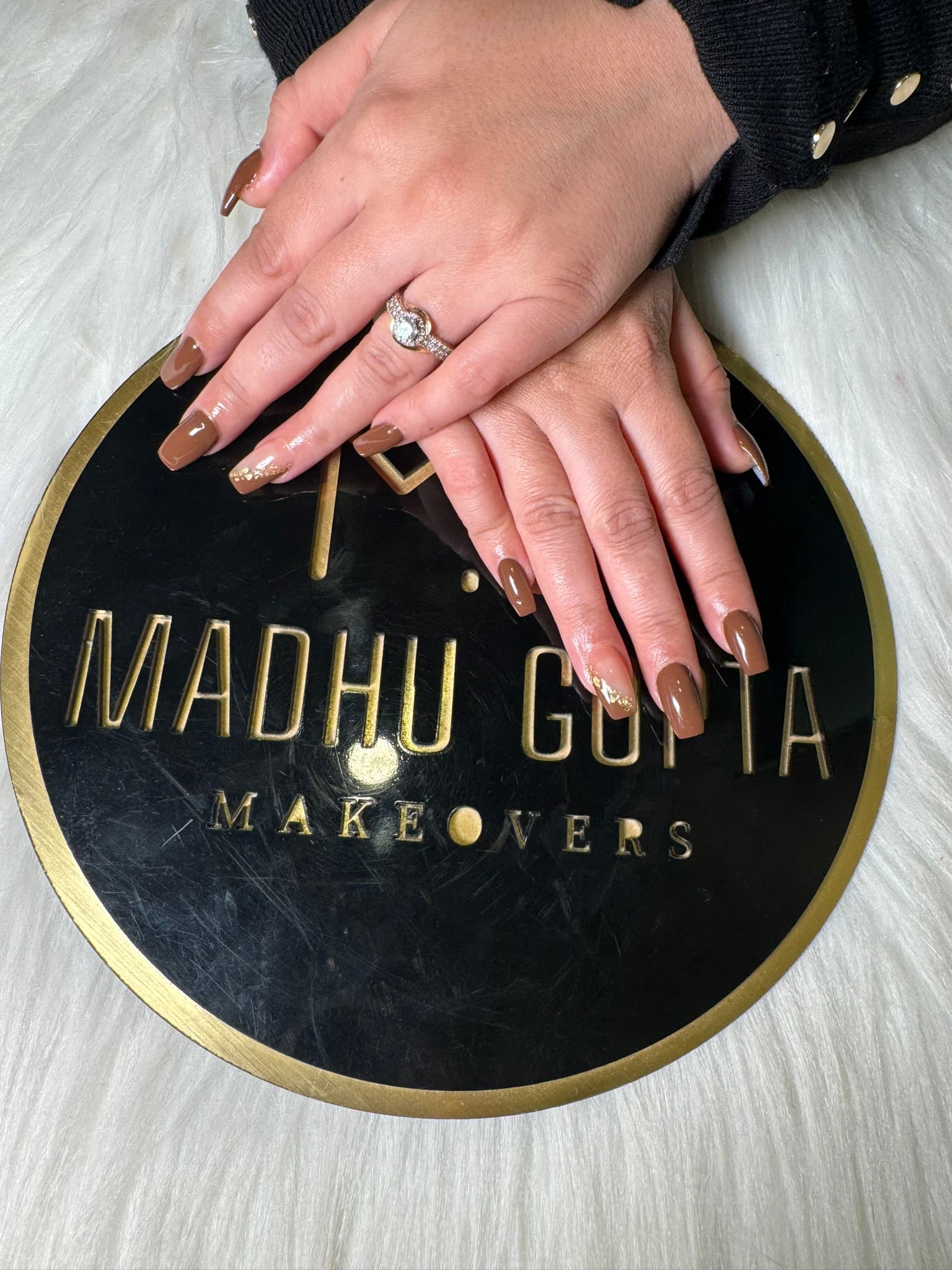 Chocolate Brown Gold Foil Accent Nails