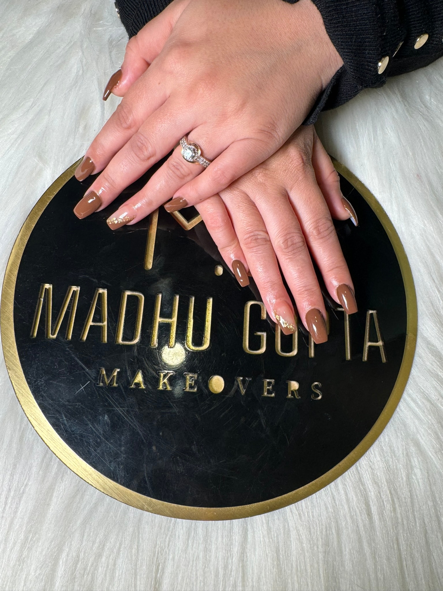 Chocolate Brown Gold Foil Accent Nails