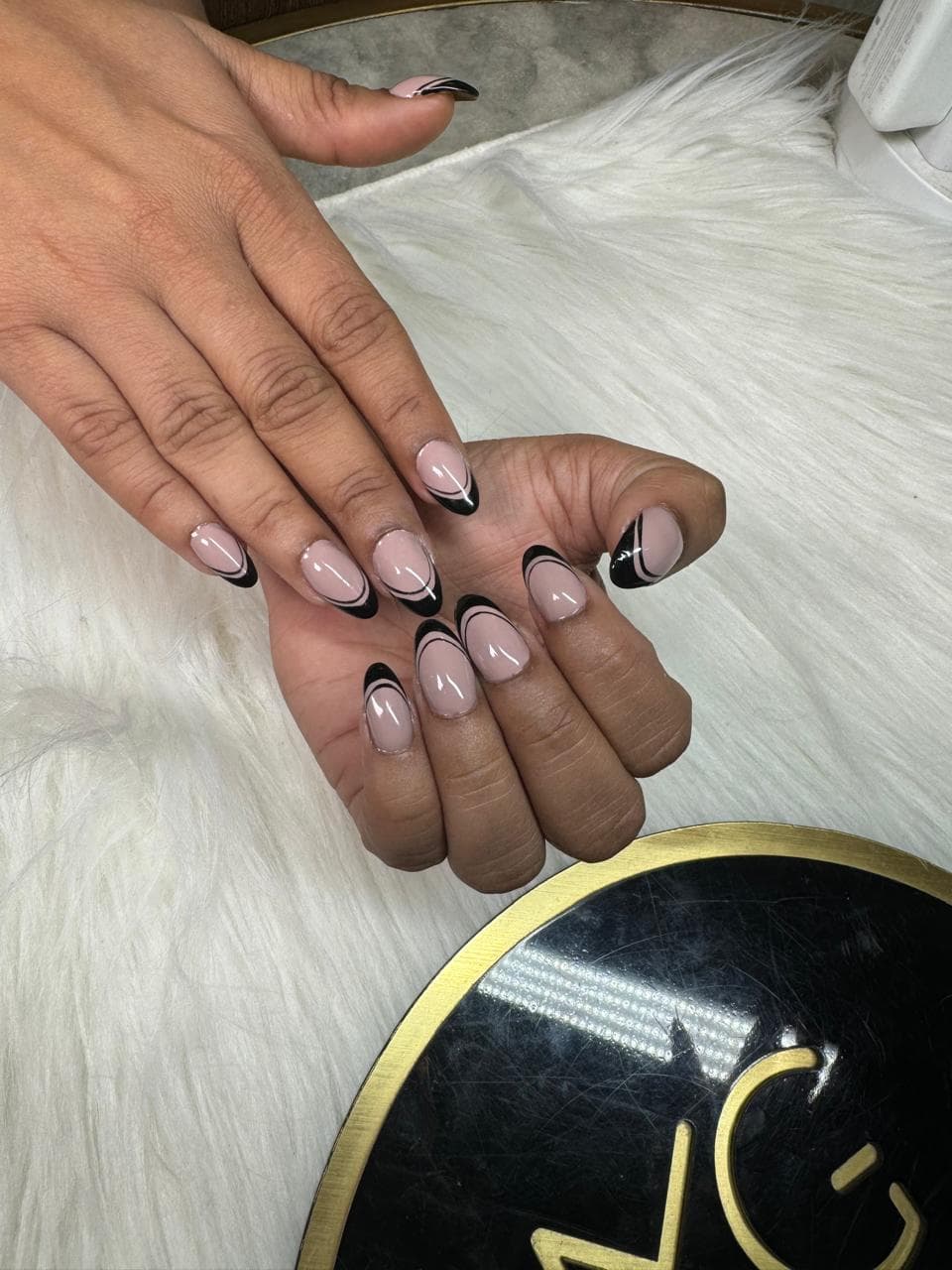 Nude And Black Abstract Almond Nails
