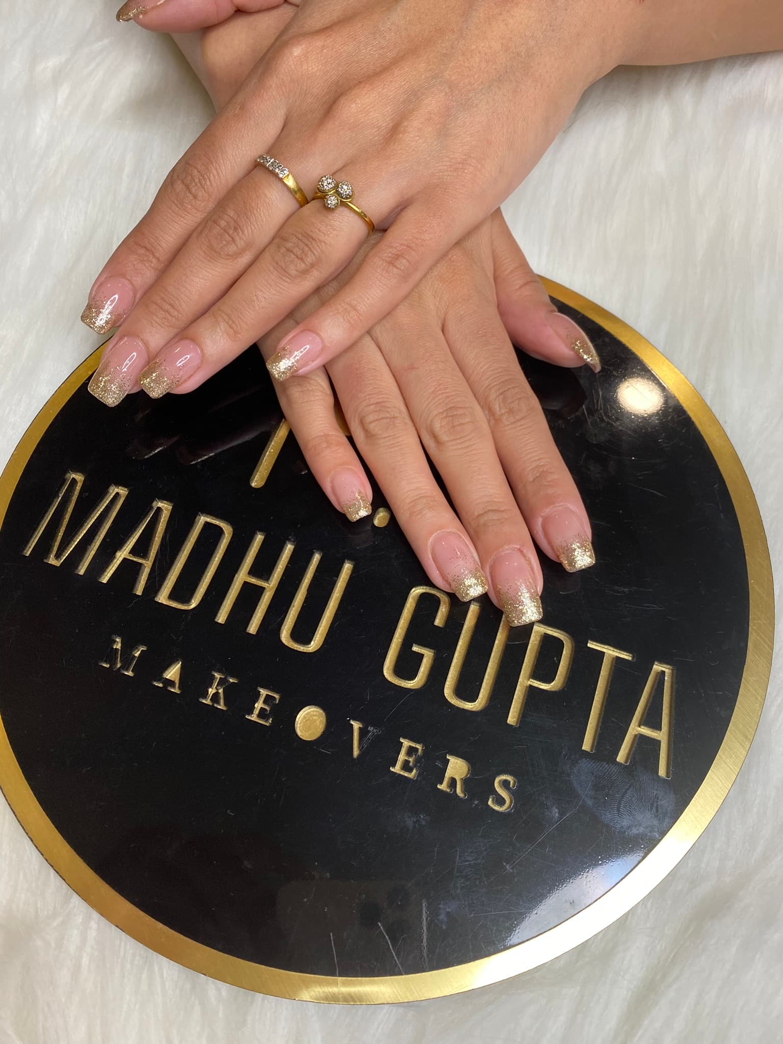 Nude Pink Gold Glitter Tip Nails