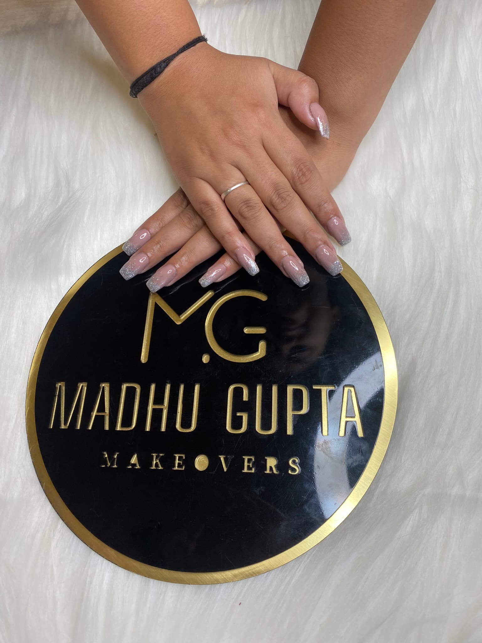 Nude Pink Silver Glitter Tip Nails