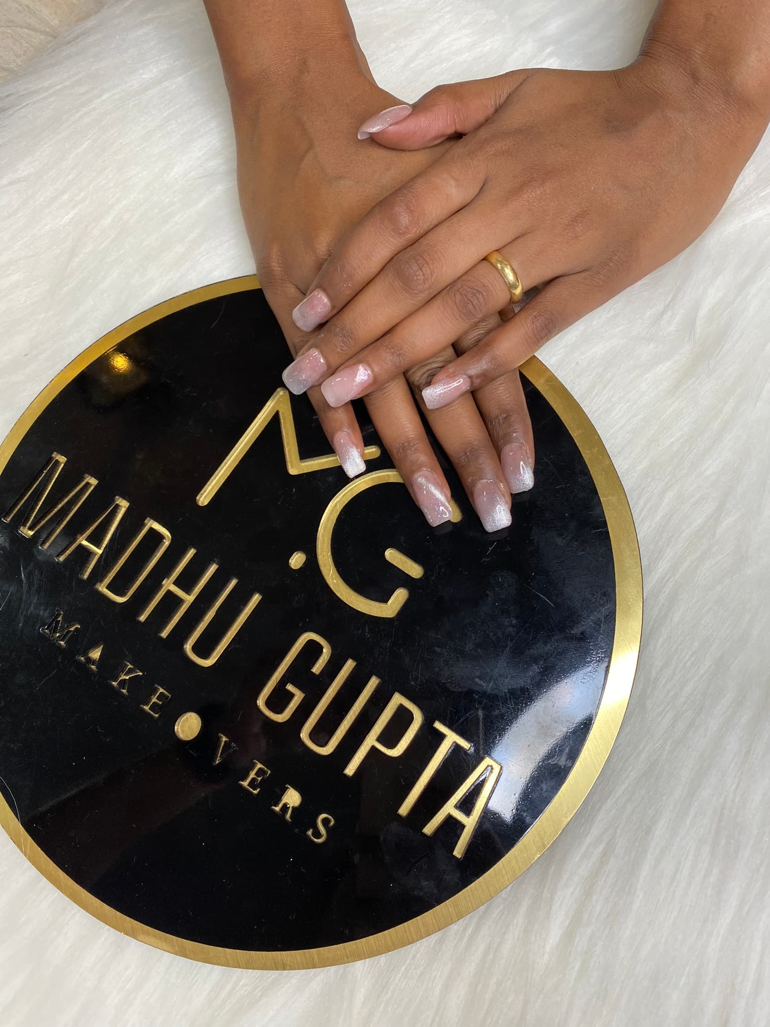 Nude Pink White Glitter Tip Nails
