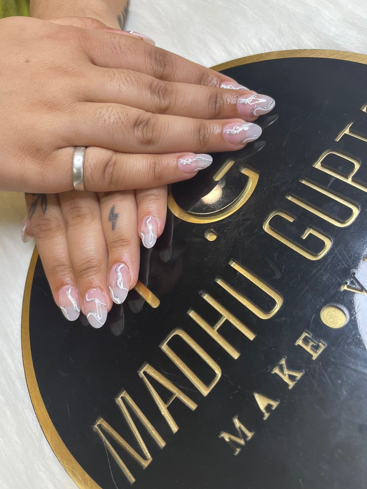 Pink Marble Silver Wave Nails