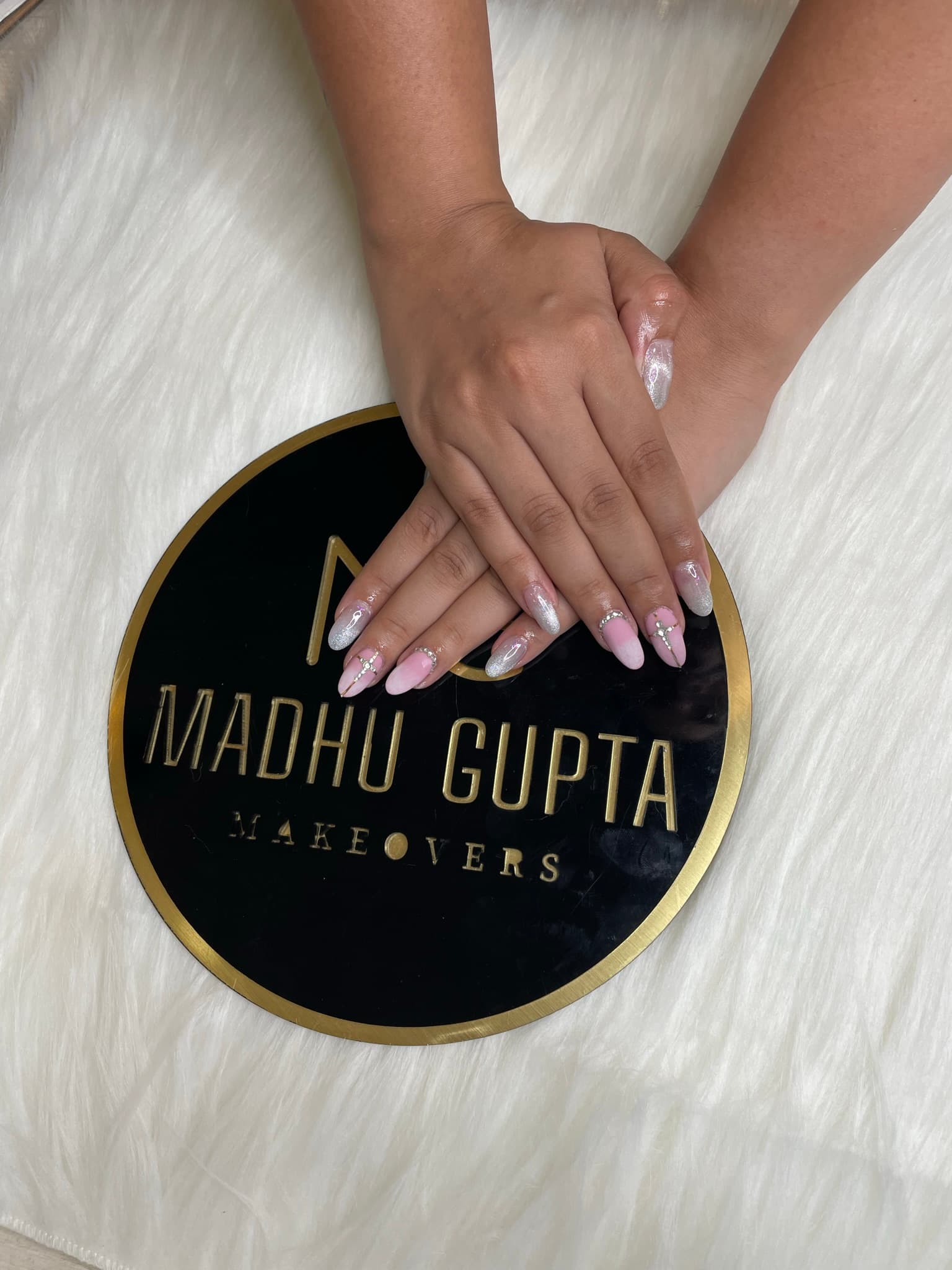 Pink Silver Glitter Rhinestone Nails