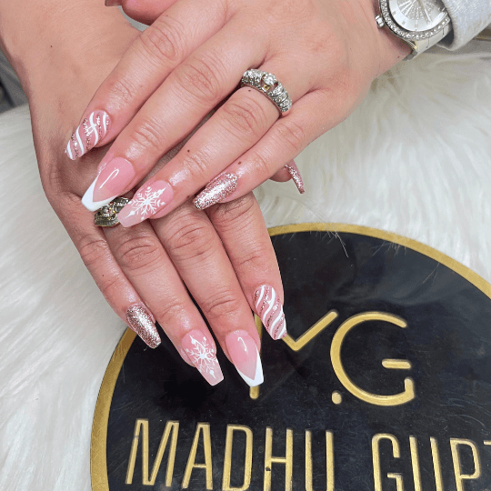 Pink White Snowflake Glitter Nails