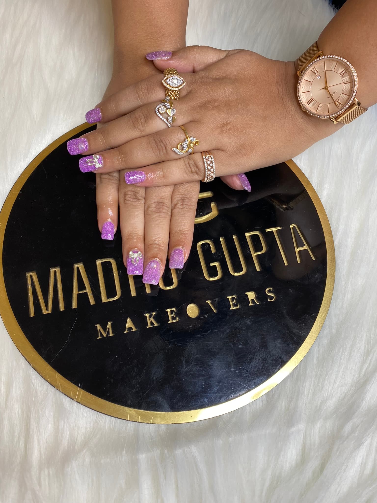 Purple Glitter Rhinestone Nails