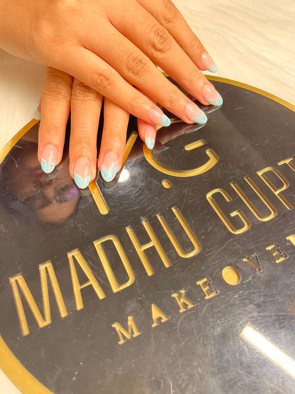 Sky Blue Swirl French Tip Nails