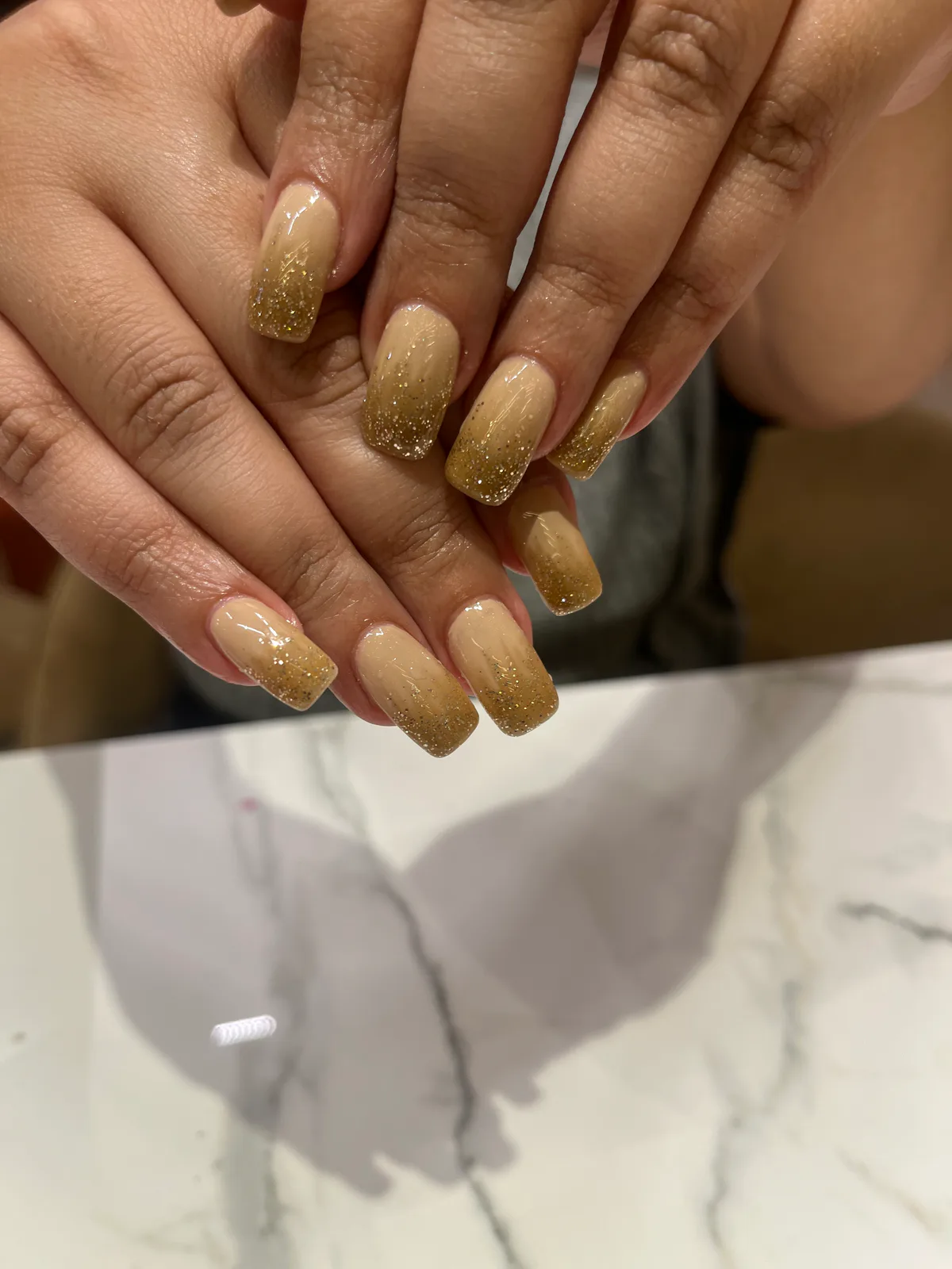 Gold Glitter Almond Nails Gold Glitter Almond Nails nail art created at MG Makeovers, Gurugram
