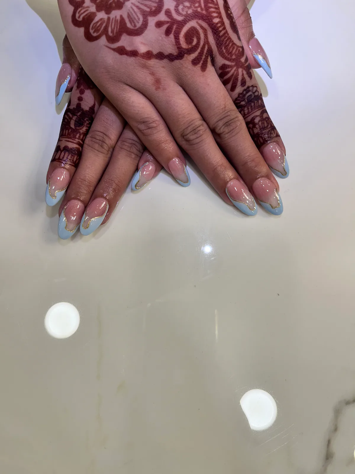Mehndi Pastel Blue Glitter Nails Mehndi Pastel Blue Glitter Nails nail art created at MG Makeovers, Gurugram