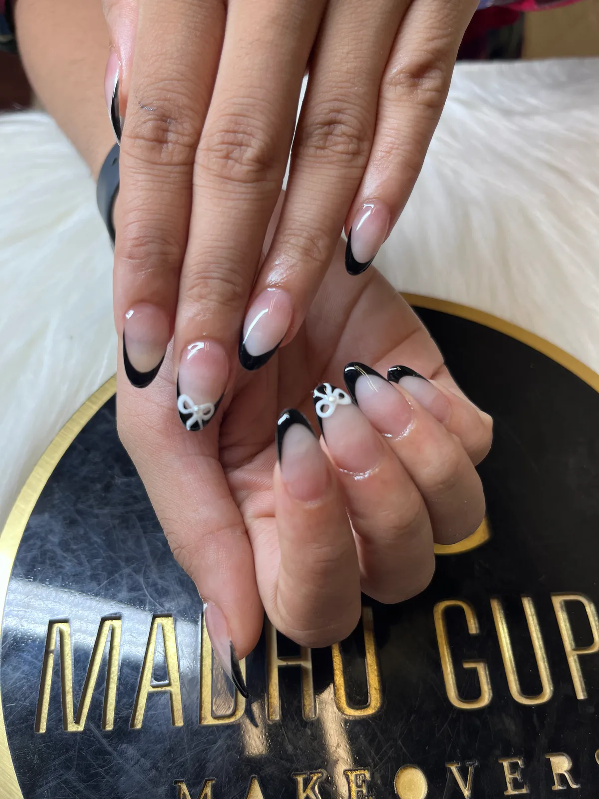 Pink French Bow Charm Nails Pink French Bow Charm Nails nail art created at MG Makeovers, Gurugram