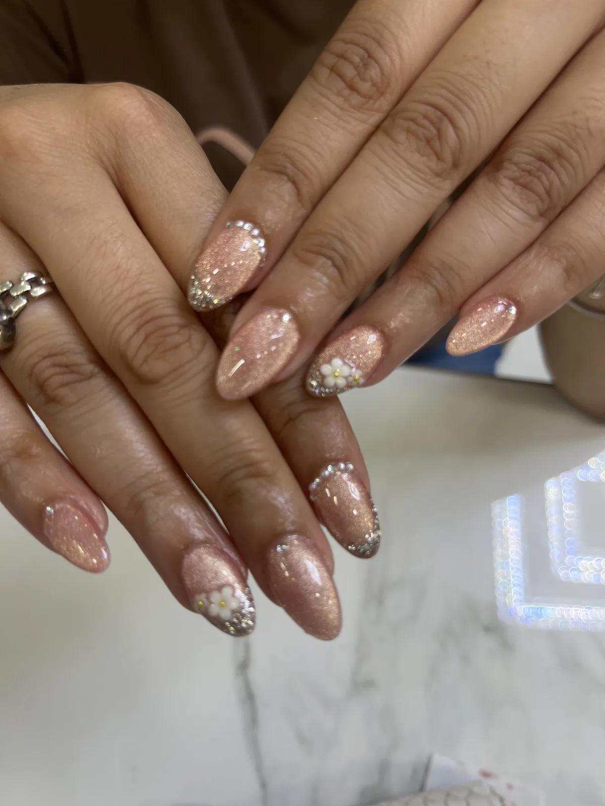 Pink Glitter Floral Nails Pink Glitter Floral Nails nail art created at MG Makeovers, Gurugram