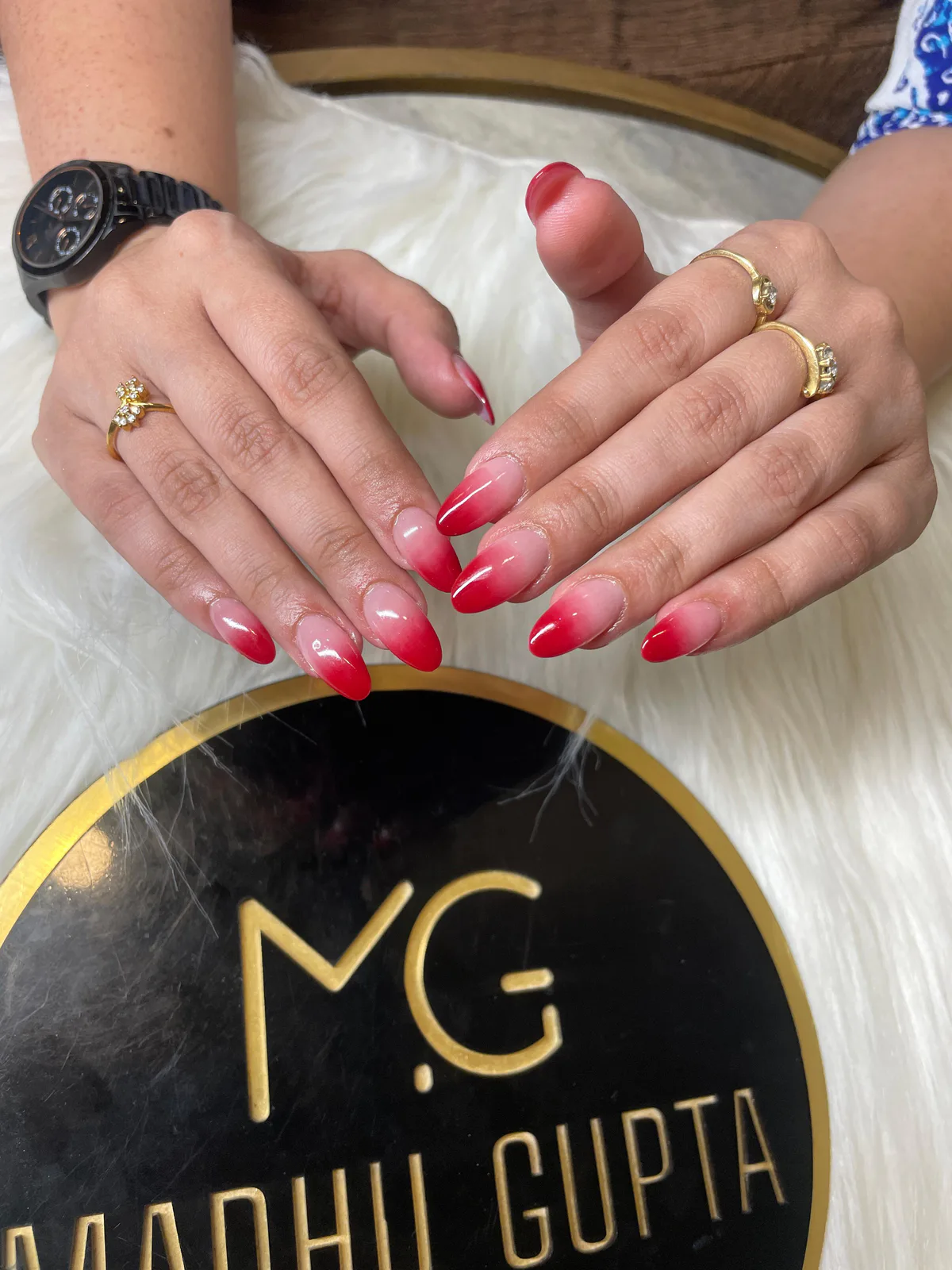 Red Ombre Almond Nails Red Ombre Almond Nails nail art created at MG Makeovers, Gurugram