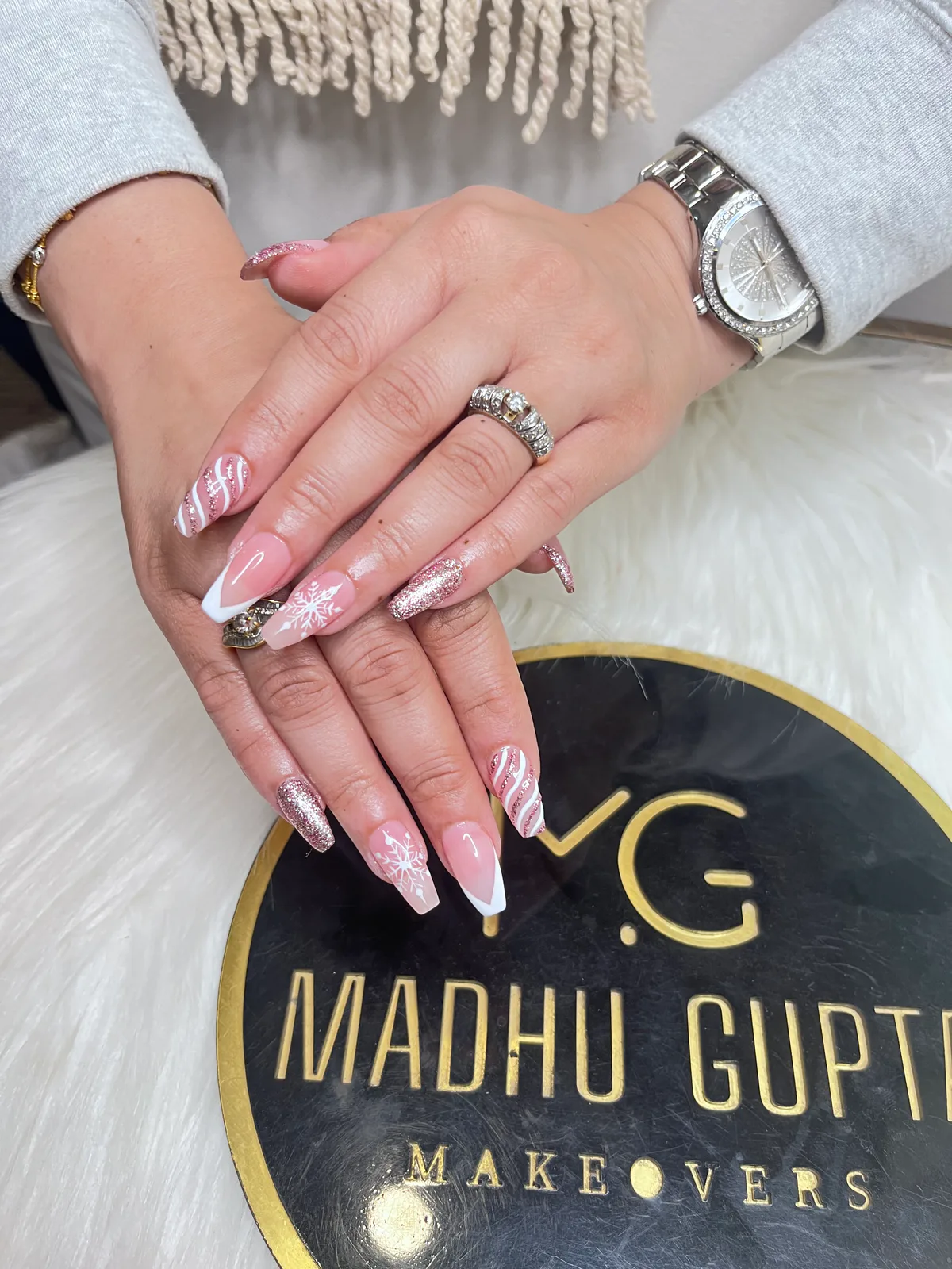Soft Pink French Logo Nails Soft Pink French Logo Nails nail art created at MG Makeovers, Gurugram