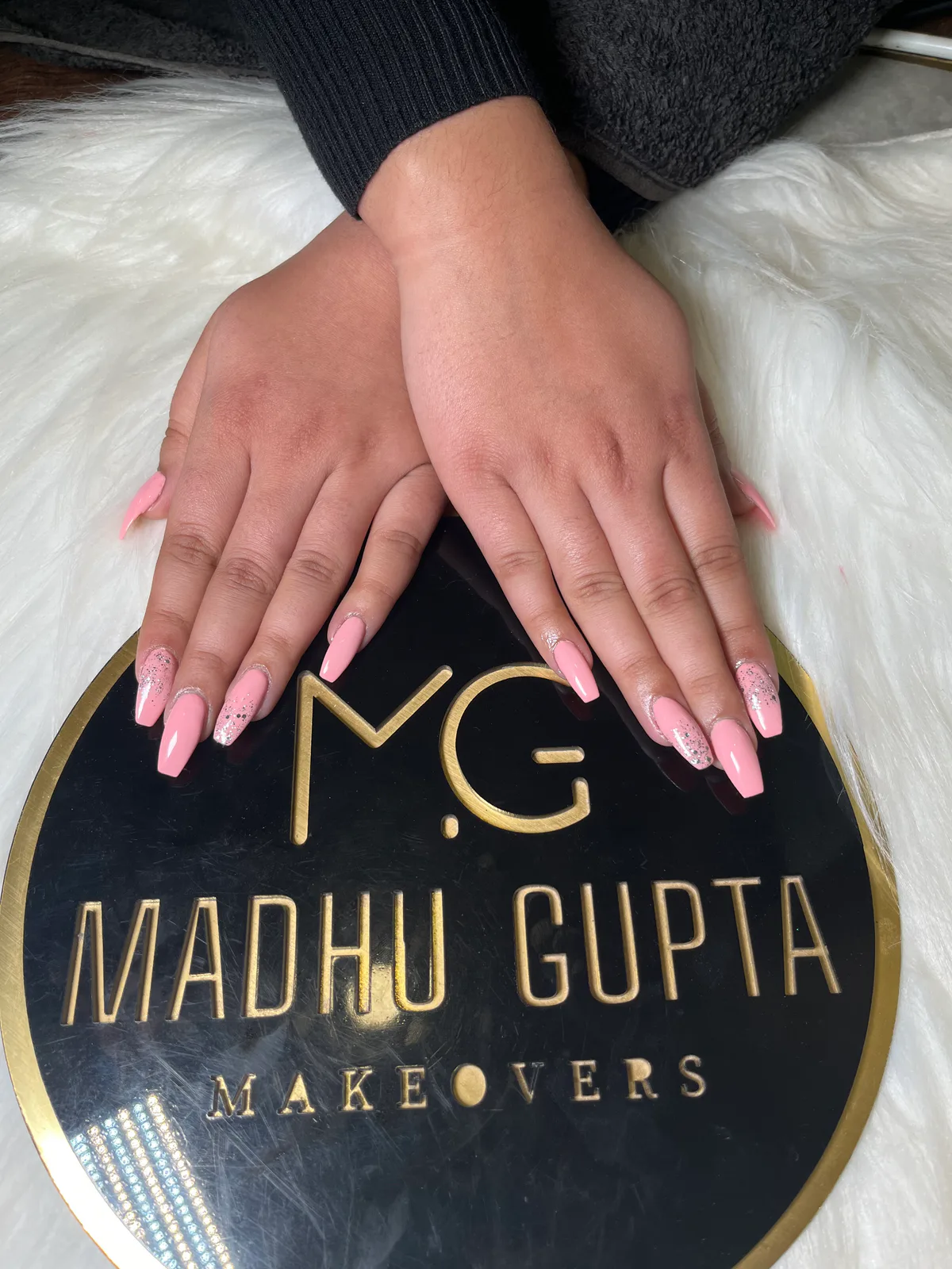 Soft Pink Glitter French Nails Soft Pink Glitter French Nails nail art created at MG Makeovers, Gurugram