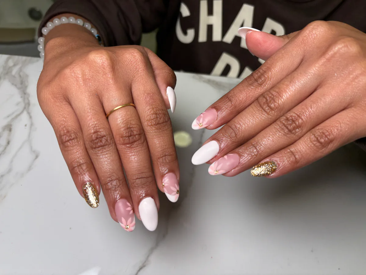 White Pink Gold Accent Nails White Pink Gold Accent Nails nail art created at MG Makeovers, Gurugram