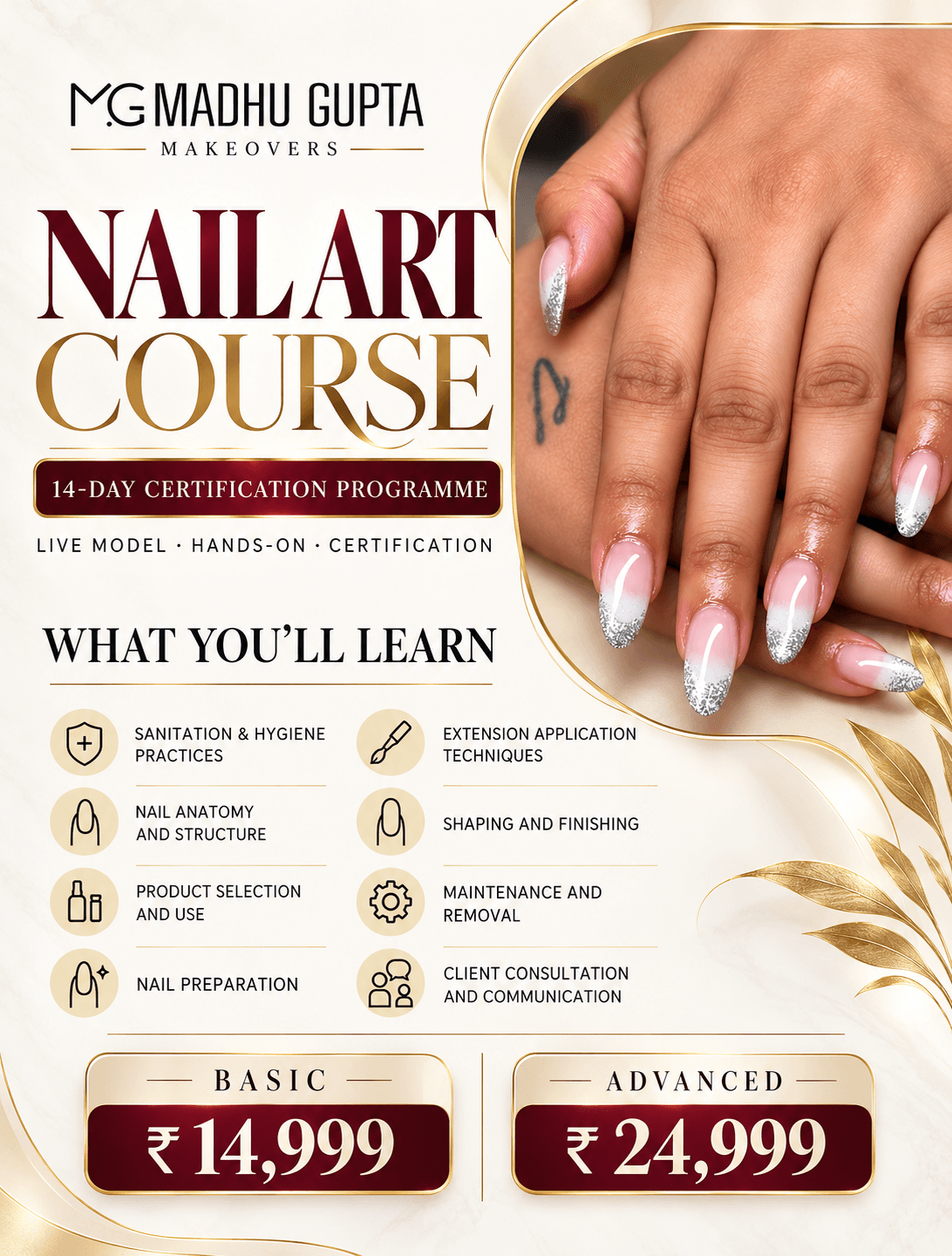 Nail art course poster showing live model, hands-on certification and nail extension training