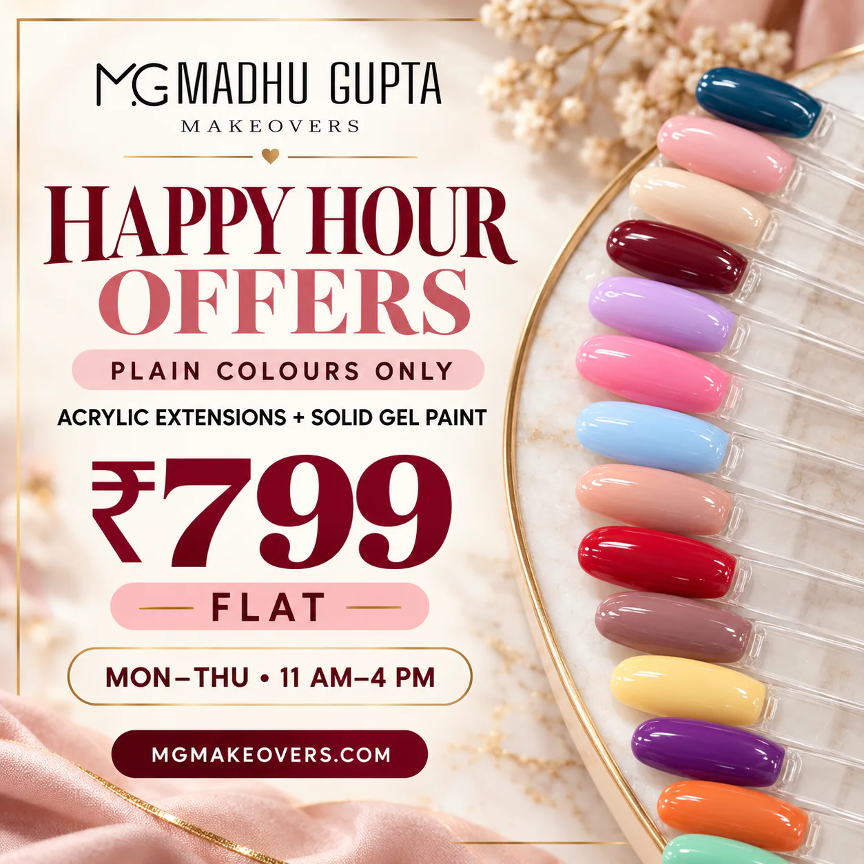 Happy Hours offer: ₹799 flat for acrylic extensions with solid gel paint at MG Makeovers