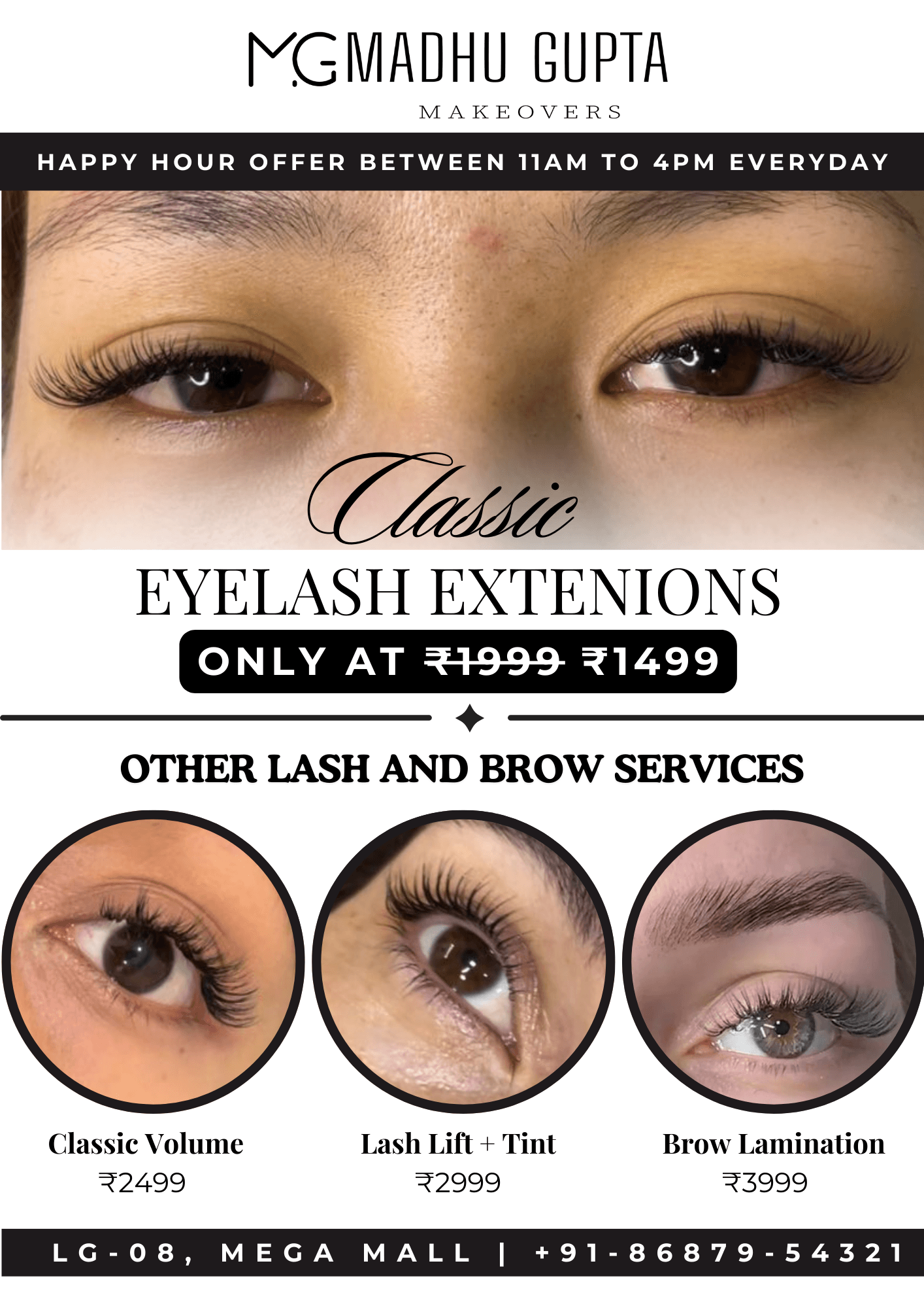 Client receiving classic volume eyelash extensions at MG Makeovers in Gurgaon, showcasing full, defined lashes
