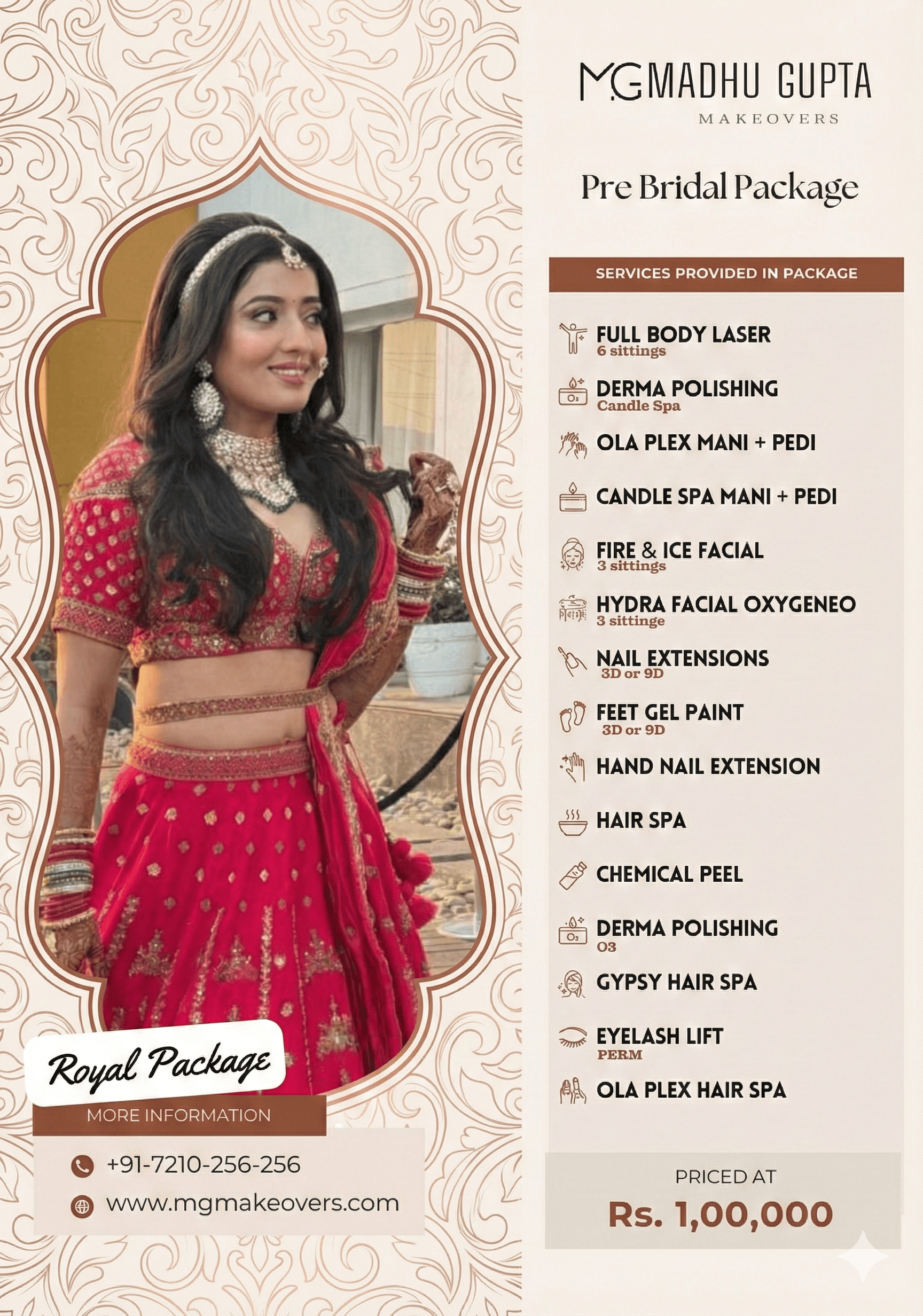 Royal pre bridal package by MG Makeovers Gurgaon including laser, hydra facial, nail extensions, spa and luxury bridal beauty services