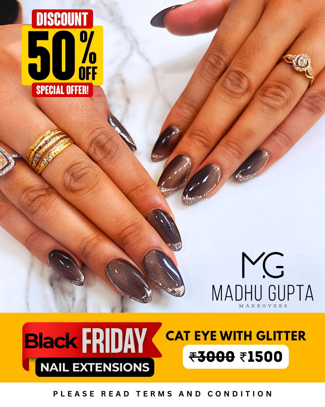 Black Friday offer at MG Makeovers Gurgaon showing Black Cat Eye acrylic nail extensions with glitter French tips, discounted from ₹3000 to ₹1500, with option to upgrade to gel extensions for ₹300 extra