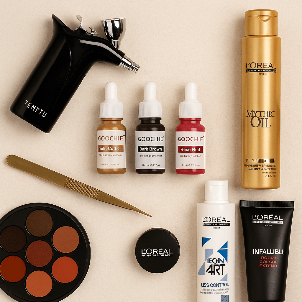 A flat lay photo of international beauty tools and pigments (Temptu airbrush, Goochie pigment bottles, L’Oréal hair products